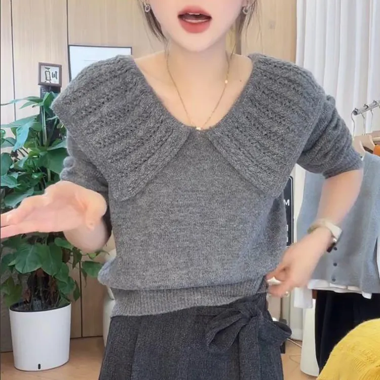 宽松百搭翻领洋气针织衫女2025秋季新款显瘦毛衣休闲纯色长袖上衣
