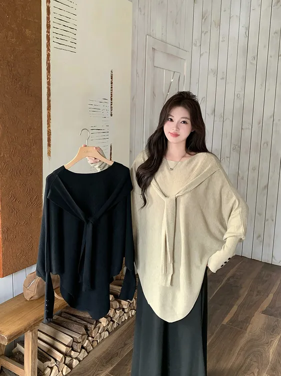 2025秋款胖mm大码女优雅气质蝙蝠袖宽松显瘦针织毛衣上衣 72010