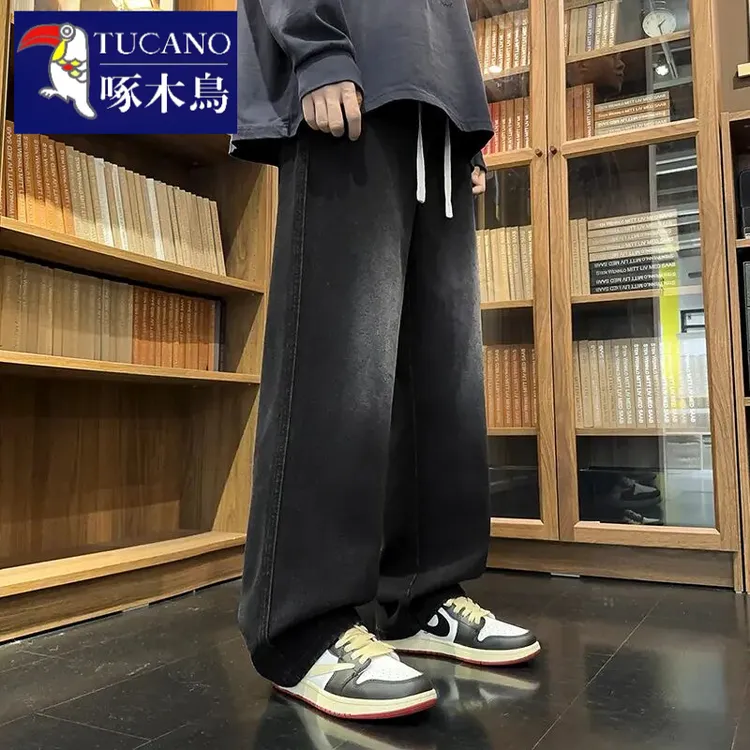 啄木鸟阔腿春夏新款男生美式复古黑色宽松搭配合身裤子百搭休闲裤