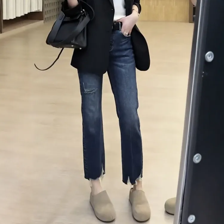 极简风假破洞毛边直筒牛仔裤2025秋季新款复古百搭高腰九分烟管裤