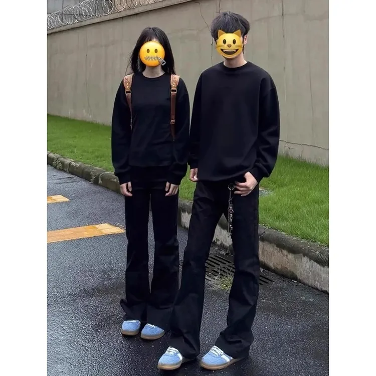 黑色纯棉美式长袖圆领T恤男女秋季boxy重磅卫衣高级感内搭打底衫