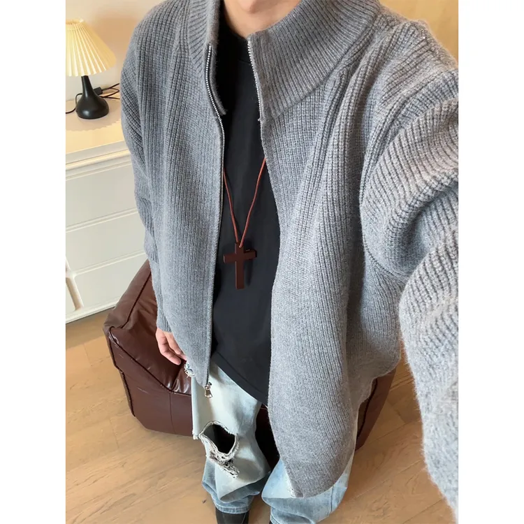 立领拉链毛衣外套男款情侣秋季设计感纯色修身美式复古针织衫潮牌