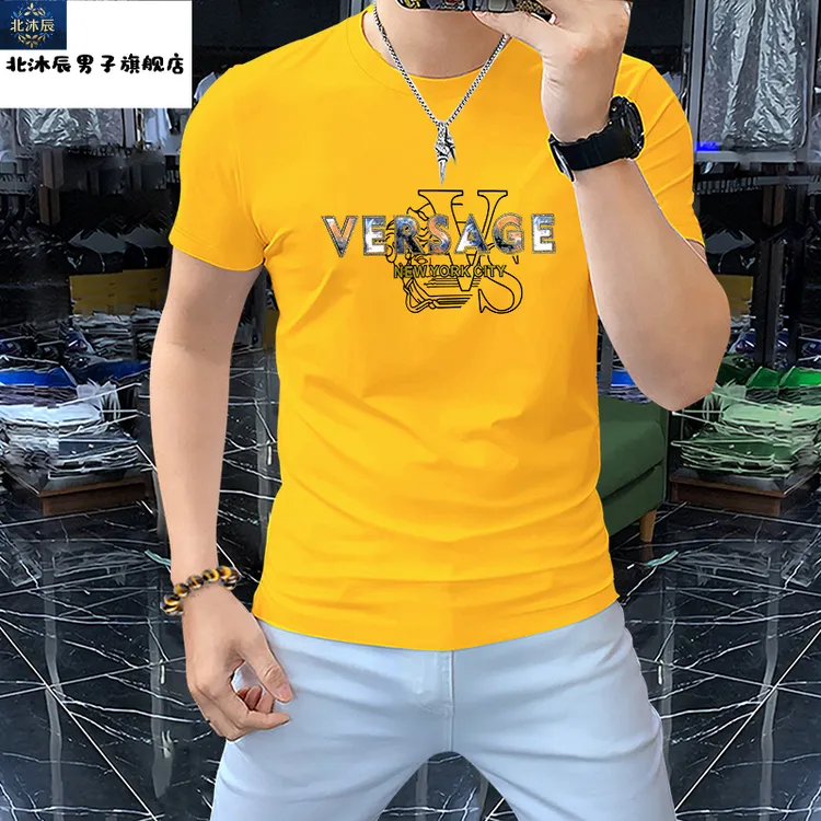 潮牌新款夏季男士圆领T恤上衣欧货修身透气字母痞帅慵懒风男装