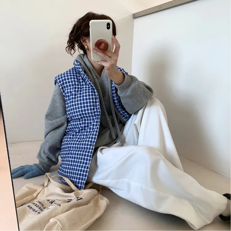 早秋新款学生时尚港风复古棉服马甲女韩版纽扣系高级感格子外套