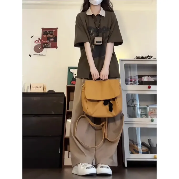 学院风减龄休闲运动服套装女夏季宽松POLO衫翻领短袖阔腿裤两件套