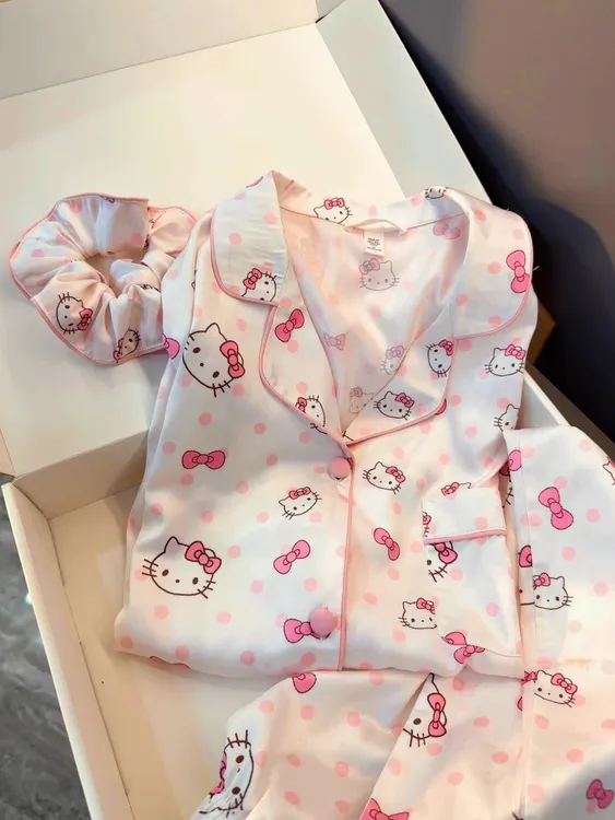 【Kitty睡衣合集】韩版可爱甜美风冰丝睡衣女kitty春秋款家居服套装