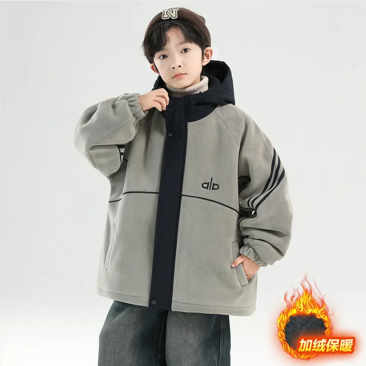 男童加绒外套冬季连帽5-13岁中大童奥粒绒宽松风衣男孩保暖加厚潮