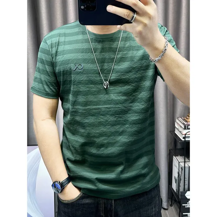 条纹短袖t恤衫男士2025夏季新款麻料棉麻半袖体恤衫男装薄款上衣