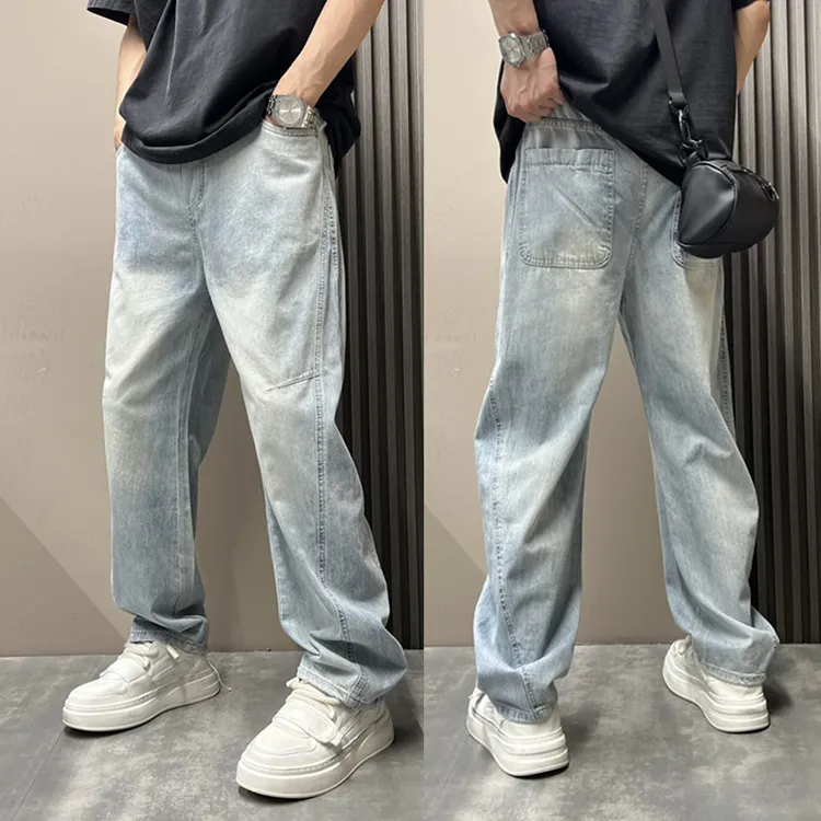 美式拼接弯刀牛仔裤男浅色水洗做旧2025秋季新款设计感直筒长裤男