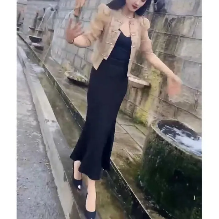 新款盘扣外套百搭中长款连衣裙显瘦女装