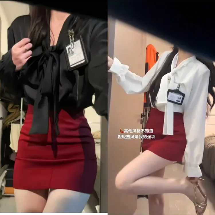 纯欲风穿搭套装女2025春季新款高级感黑色衬衫修身包臀短裙两件套
