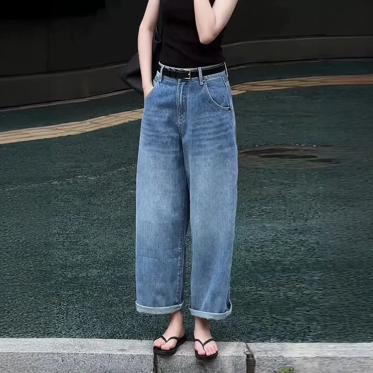 秋季新款牛仔裤复古蓝直筒阔腿裤高腰大码时尚百搭修身显瘦九分裤