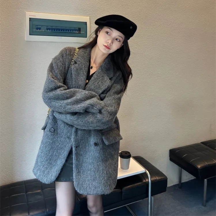 灰色西装毛呢外套女短款2025新款秋冬季小个子高级感加厚呢子大衣