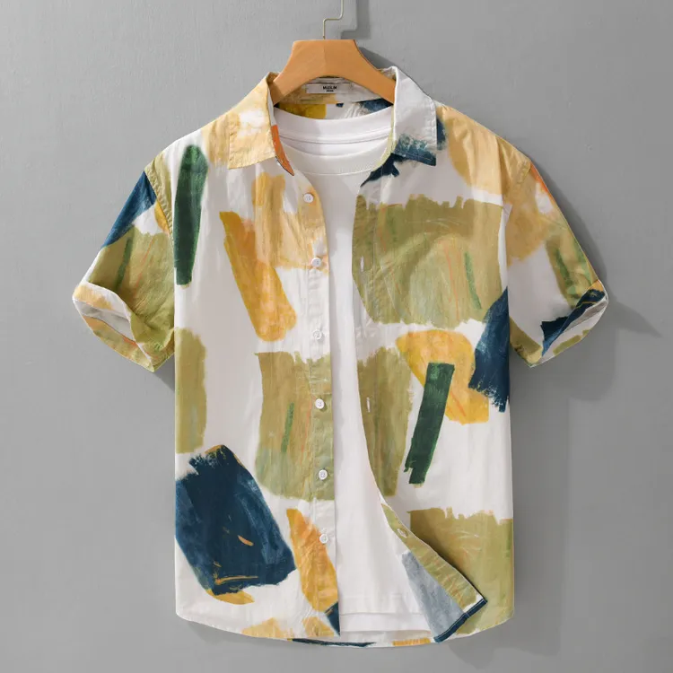 565夏季个性印花短袖衬衫男士潮流休闲宽松流行青年百搭衬衣男装