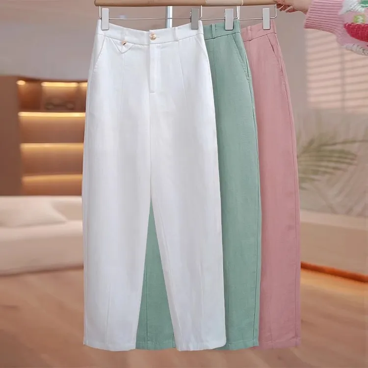 天丝亚麻哈伦裤女夏季薄款2025新款高腰显瘦小个子九分休闲萝卜裤