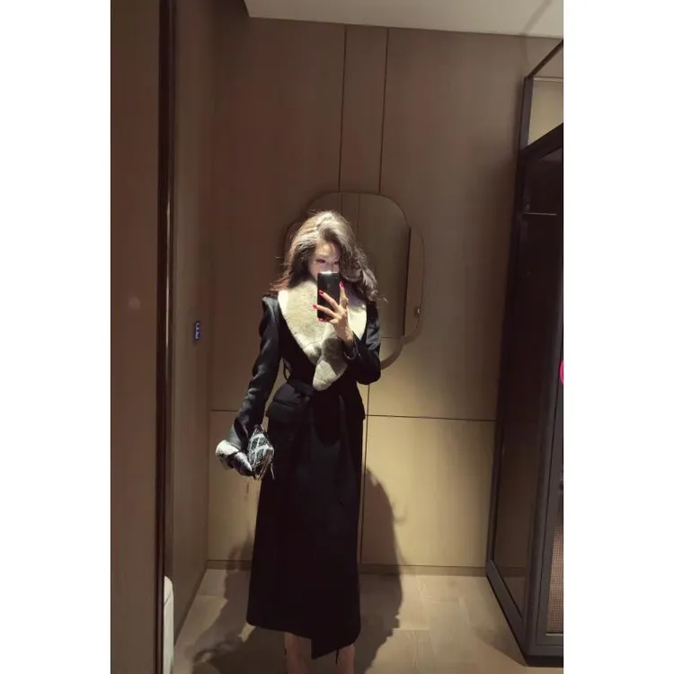 金南一冬款羊绒羊毛混纺拼獭兔毛长款大衣05511230
