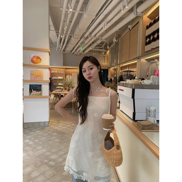 NEWOPEN夏季新款甜美绣花吊带裙显瘦高腰涤纶连衣裙S5027