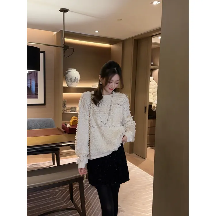 W·HAHA【咩咩】100澳毛绵羊毛流苏毛茸茸圆领毛衣10835