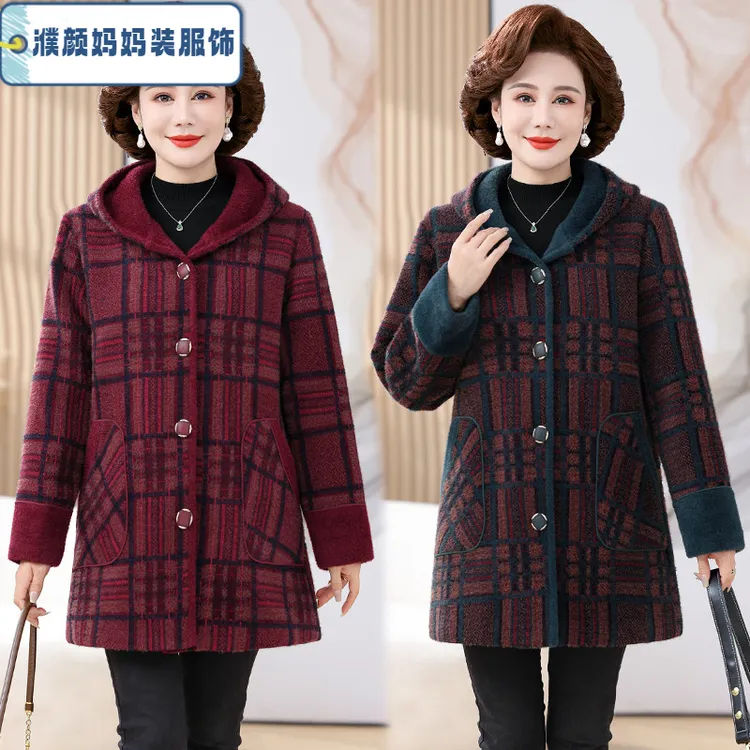 妈妈秋冬格子仿水貂绒外套中长款中老年女装冬装洋气高贵毛呢大衣