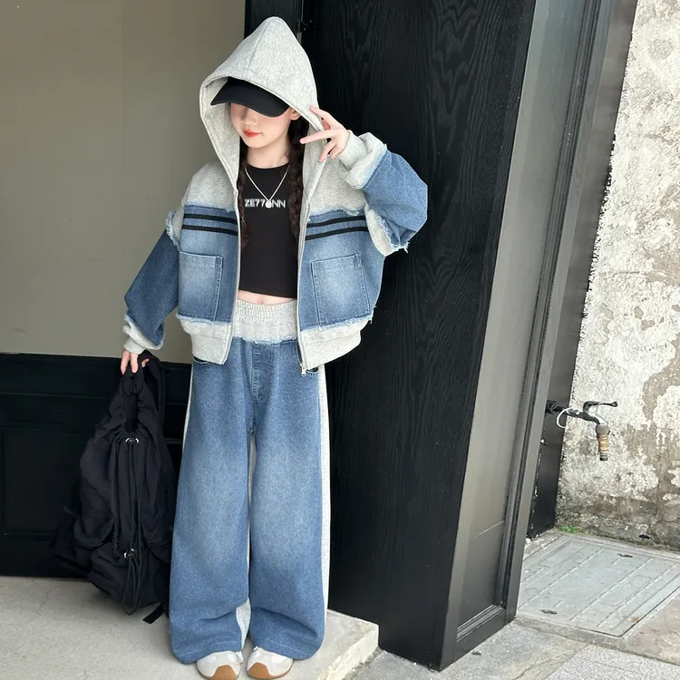 女童秋装儿童洋气牛仔针织拼接连帽套装中大童韩版时髦休闲两件套