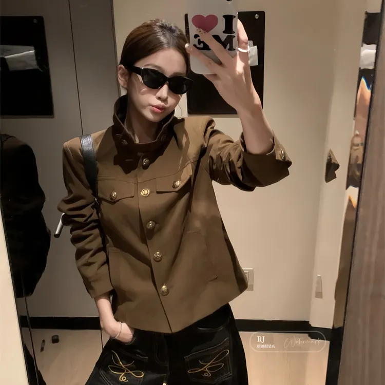 【RJ】秋季短外套长袖短款女复古翻领显瘦工装款咖网红洋气炸街女装