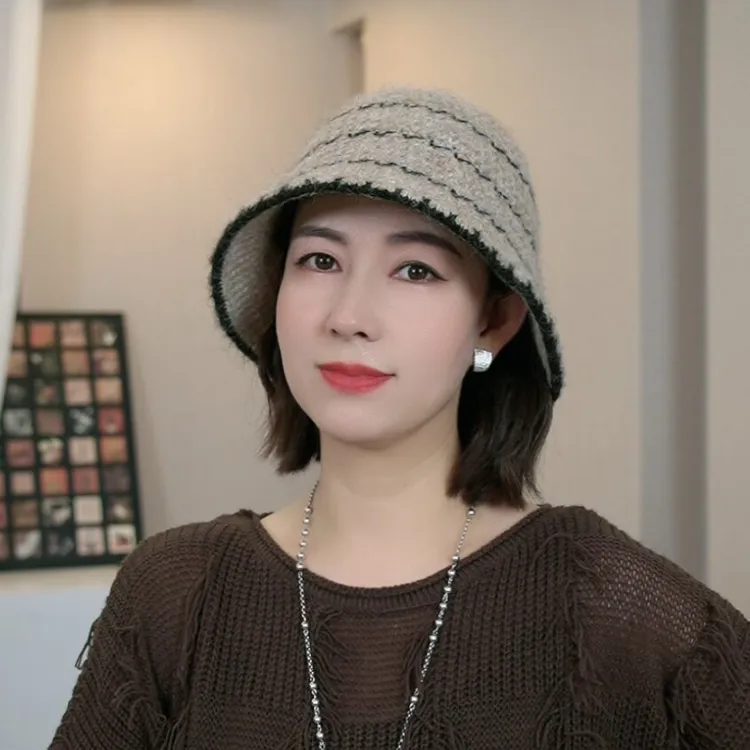 新款韩版秋冬渔夫帽条纹百搭拼色显脸小水桶帽针织简约休闲女盆帽