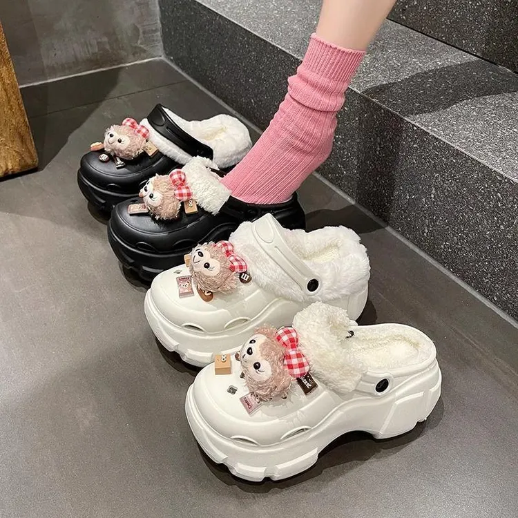 加绒棉洞洞鞋女冬季2025新款外穿保暖高跟厚底毛毛鞋棉拖鞋女士冬