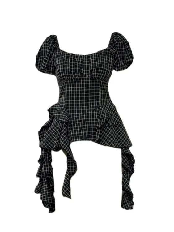 【Amy家】微胖mm辣妹风泡泡袖格子衬衫女设计感小众飘带巨显瘦上衣