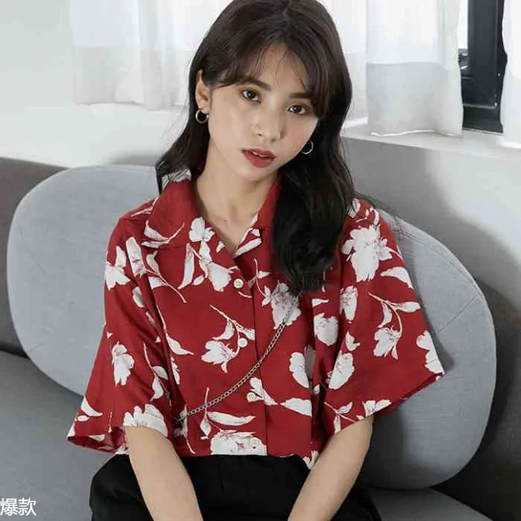 2025夏季港味复古大码胖印花衬衫女西装领宽松短袖衬衣雪纺上衣