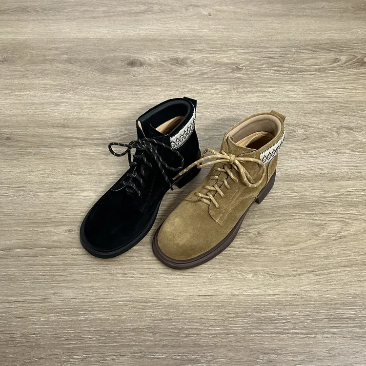 Dannyfrey秋冬新款靴子增高厚底撞色工装靴系带登山马丁靴3.5CM