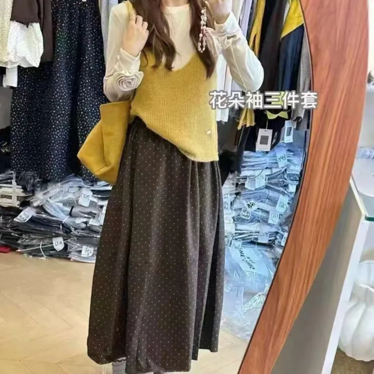 立体花朵长袖打底衫设计感针织吊带波点半身裙女2025秋季时尚9578