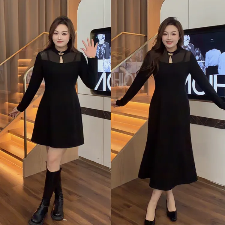 （现现款）花菜微胖定制~【黑曜石】收腰显瘦时尚国风设计复古小黑裙