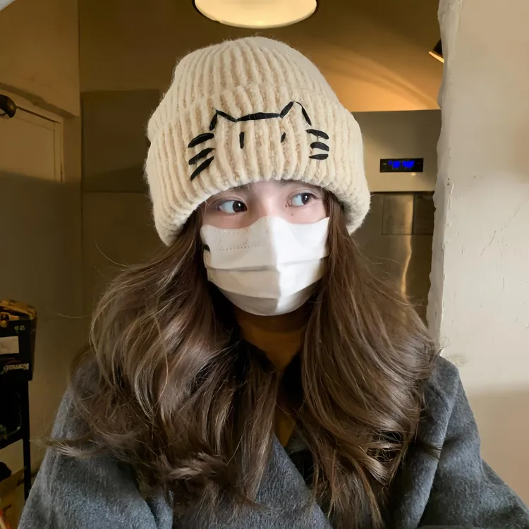 可爱百搭小猫防寒针织帽女秋冬季保暖学生毛线帽大头围显脸小帽子