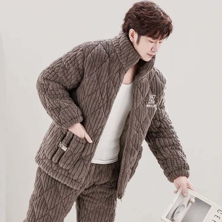 男士睡衣加厚冬季加绒保暖三层夹棉袄法兰超厚款珊瑚绒家居服套装