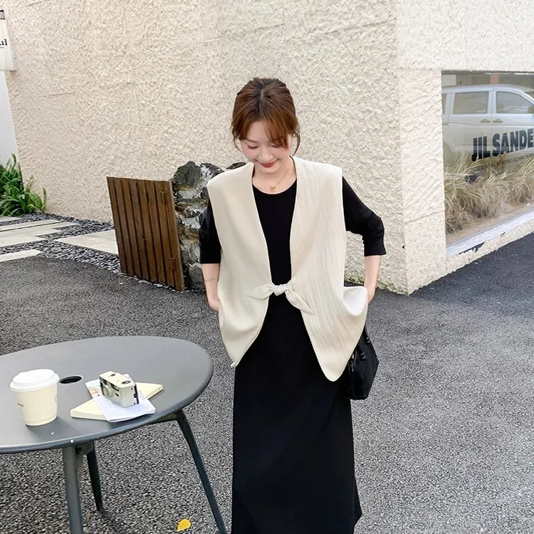 韩系气质老钱风连衣裙套装女秋季2025新款高级感蝴蝶结马甲两件套