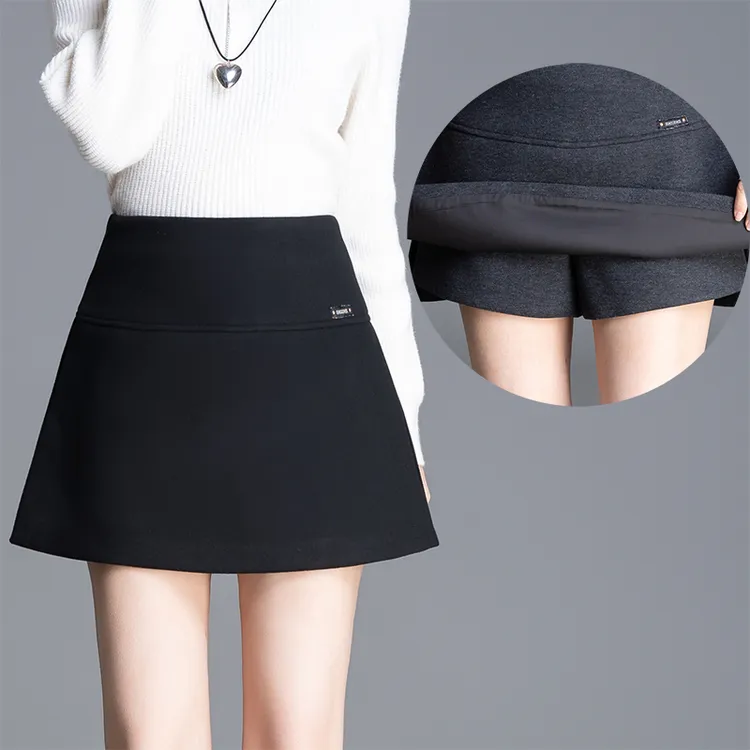 羊毛呢半身裙裤女小个子秋冬季新款假两件侧开叉高腰a字短裙子