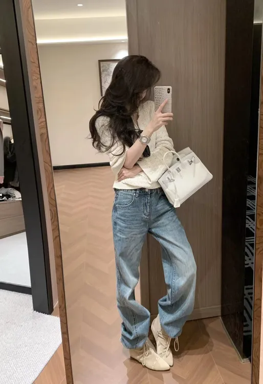 2025秋季新款韩系气质高级感小香风重工长袖针织衫复古牛仔裤套装