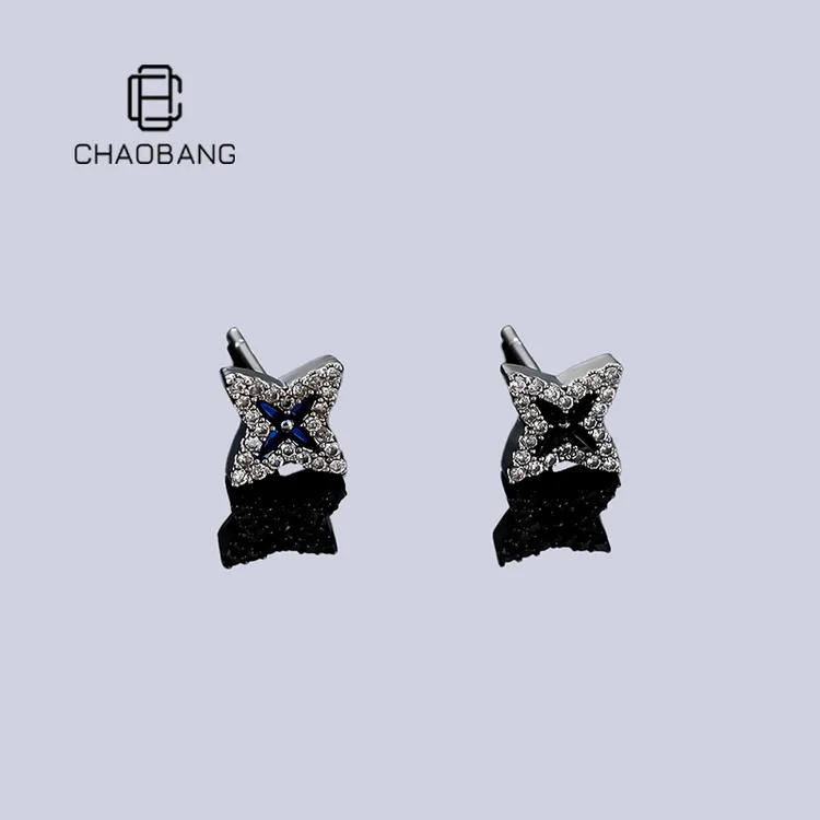 chaobang/潮邦 铜合金耳饰 镶钻四叶草耳钉个性耳饰冷淡风饰品