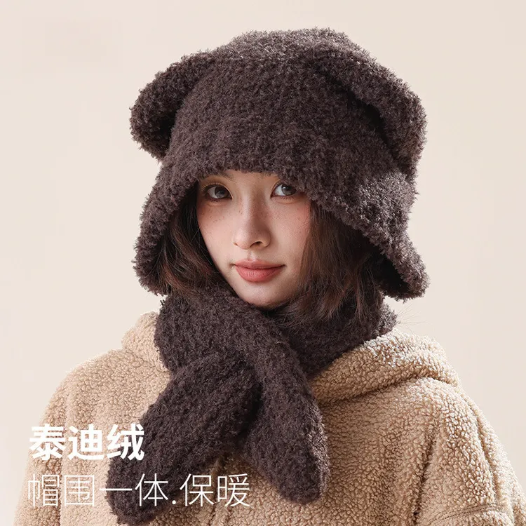 韩版秋冬可爱小熊耳纯色围脖一体套头帽保暖防寒毛绒帽子