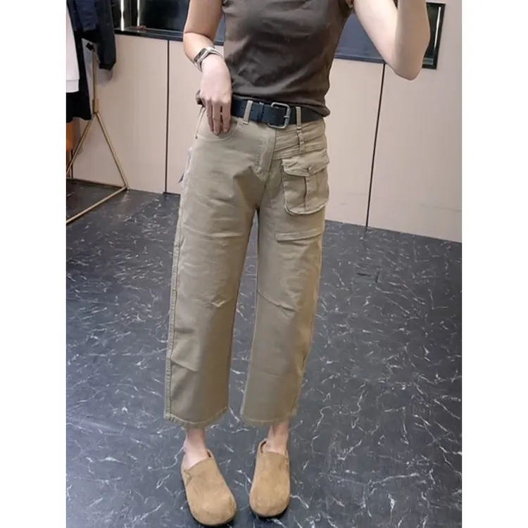 早秋2025新款大码直筒牛仔裤女卡其色高腰宽松显瘦九分休闲裤子