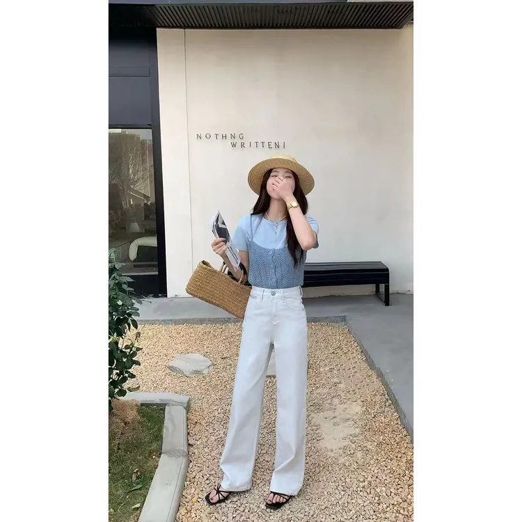 清 初秋白灰牛仔裤子窄版高腰老钱风松弛感装极简ins韩系显瘦气质