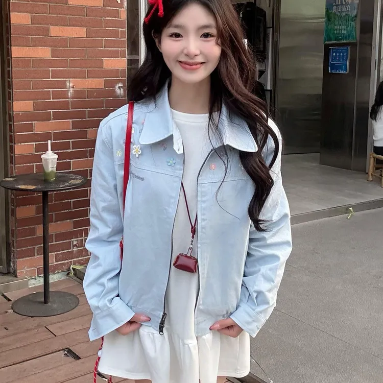 慵懒风国潮牌春秋季新款休闲短款夹克女彩色立体小花刺绣翻领外套