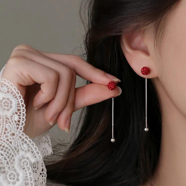 足银耳饰 999纯银红球耳线本命年耳钉2026马过新年小众气质耳环女