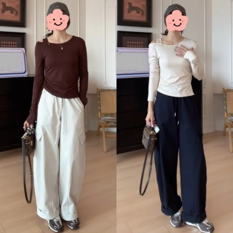 早秋通勤斜肩侧腰抽褶长袖T恤+裤脚翻边抽绳系带工装裤LK2505668
