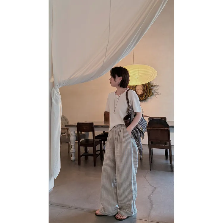 苏安家“贵贵色织亚麻裤”超美色调松紧腰可调节不肥大的亚麻拖地裤