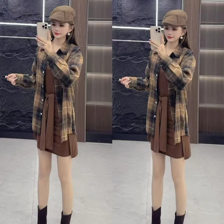 精品0411 时尚气质纯色系绳收腰连衣裙 加 格子衬衫 两件套