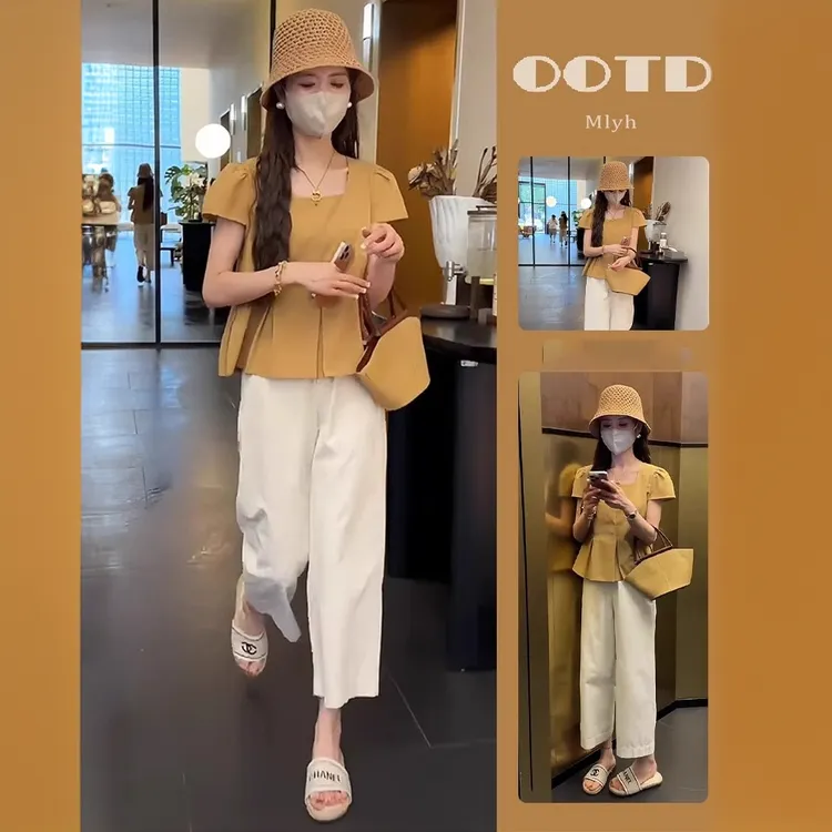 2025夏季穿搭一整套女设计感显瘦短袖衬衫+休闲阔腿裤减龄两件套