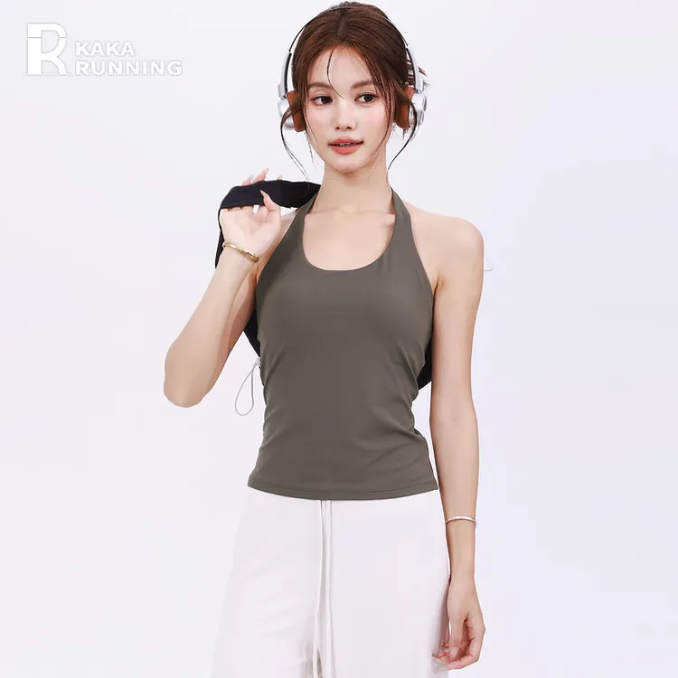 奔跑吧卡卡固定杯运动内衣女挂脖性感无袖露背瑜伽健身普拉提背心