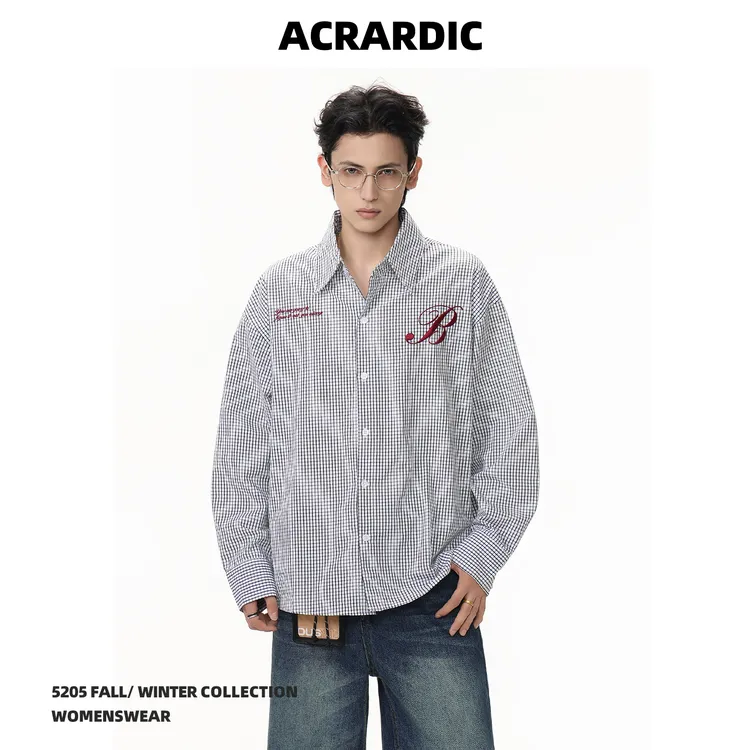 ACRARDIC潮牌刺绣格纹长袖衬衫男街头美式vintage宽松百搭衬衣潮