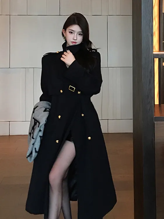 【新品】春秋冬女气质黑色双排扣风衣外套收腰设计长款过膝显瘦大衣
